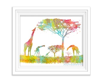 Giraffe Art Print Giraffe Family Giraffe Watercolor Art Poster Painting Giraffe Illustration Wall Art Wall Decor Home Decor (No 185)