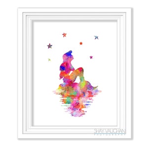 May include: A watercolor painting of a mermaid sitting on a rock with a colorful tail and a reflection in the water. There are stars in the background.