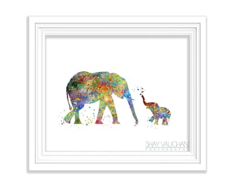Elephant Mother and Baby Art Print Watercolor Art Poster Painting Illustration Wall Art Wall Decor Home Decor Wall Hanging Gift (No 188)