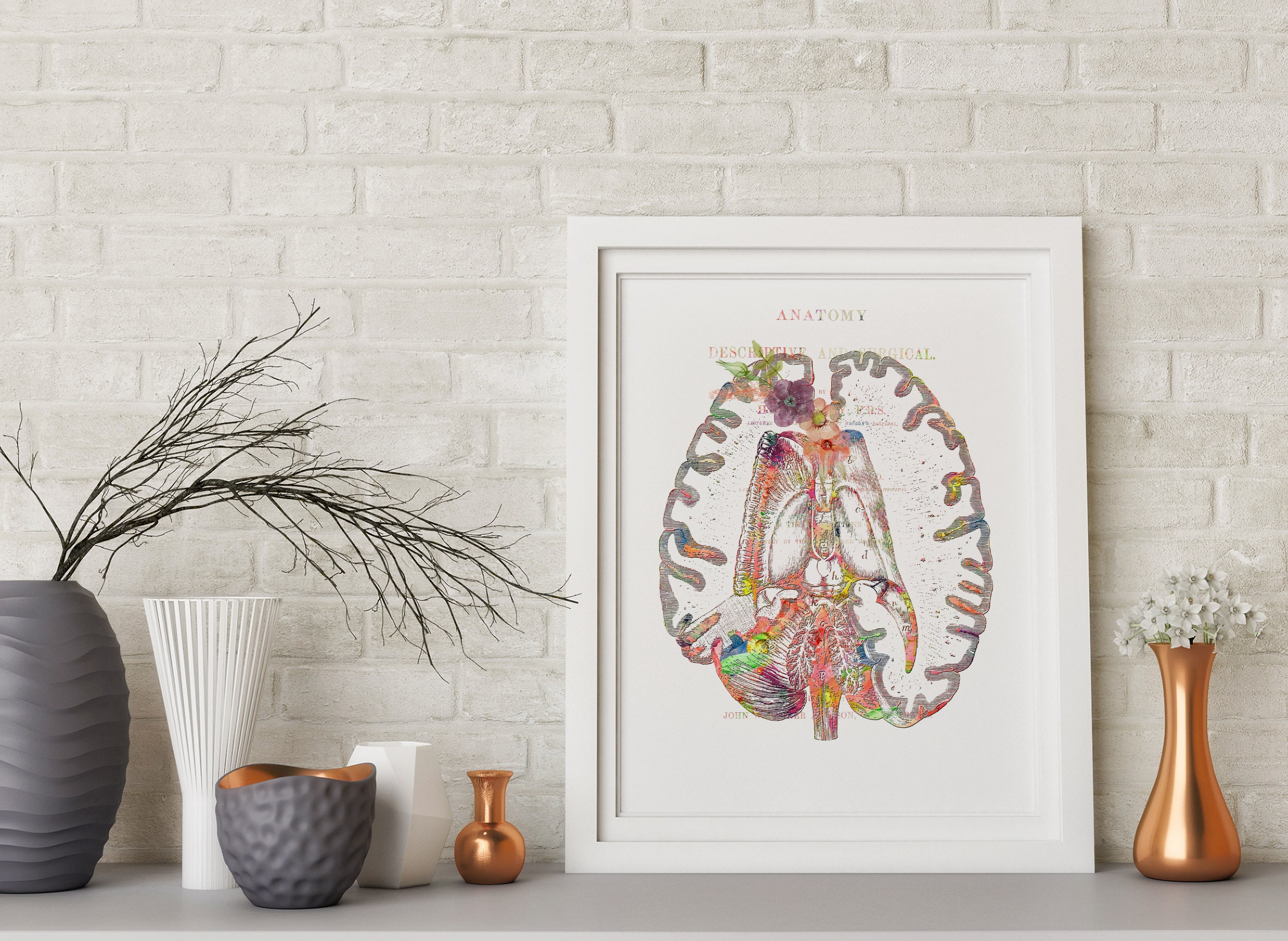 Human Brain Print Anatomy Art Watercolor Floral Brain Print Anatomical ...