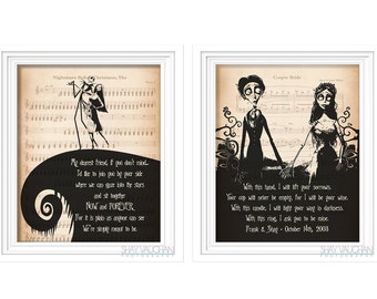 Juego de láminas artísticas de Jack, Sally, Victor y Emily, personalizadas con nombres y fecha, decoración de boda, regalo de boda, regalo de compromiso, Halloween