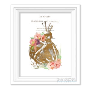 Heart Anatomy Art Faux Gold Floral Heart Print Anatomical Heart Print Gift for Cardiologist Medical Student Gift Doctors Office Art No.522