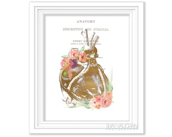 Heart Anatomy Art Faux Gold Floral Heart Print Anatomical Heart Print Gift for Cardiologist Medical Student Gift Doctors Office Art No.522