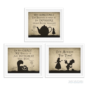 Alice In Wonderland Art 3 Print Set Alice in Wonderland Cheshire Cat Mad Hatter Quote Prints Wall Decor Home Decor Wall Art Nursery Art Gift