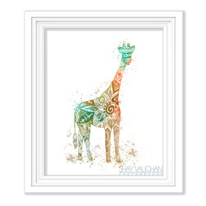 May include: A watercolor illustration of a giraffe with a colorful mandala pattern. The giraffe is standing on a white background with splattered paint.