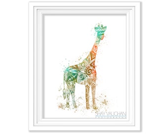 Giraffe Art Print Giraffe Watercolor Art Poster Painting Illustration Wall Art Wall Decor Home Decor Wall hanging Orange Green Gift (No 135)