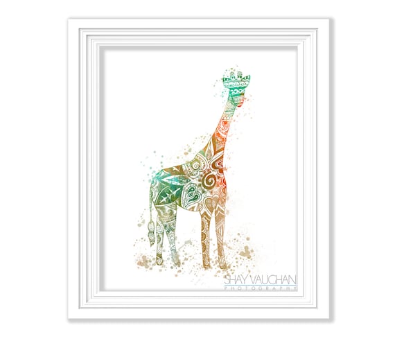 Giraffe Art Print Giraffe Watercolor Art Poster Painting Illustration Wall Art Wall Decor Home Decor Wall hanging Orange Green Gift (No 135)