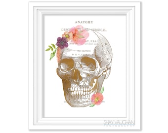 Human Skull Anatomy Art Print Faux Gold Floral Skull Print Anatomical Skull Art Print Gift for Medical Student Doctors Office Art No.528