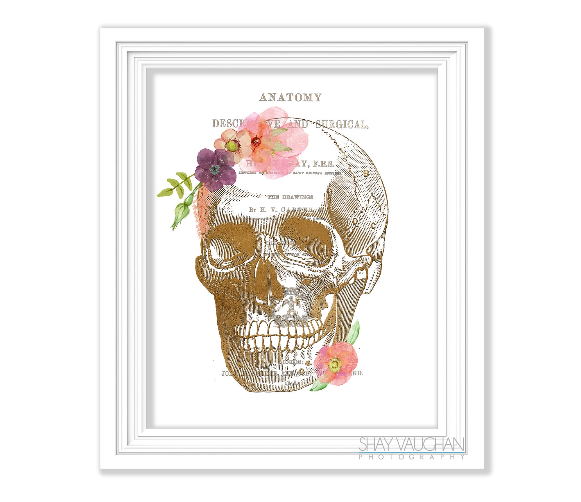 Human Skull Anatomy Art Print Faux Gold Floral Skull Print