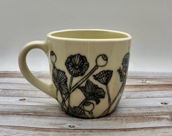 Hand Painted Celadon Poppy Porcelain Mug | Artisan Floral Ceramic Coffee Cup