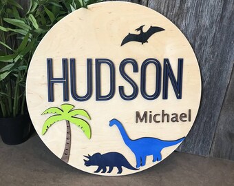 Round Name Sign/Dinosaurs/T Rex/Dinos/Custom Nursery Cutout Wood/Laser Cut Boy/Circle Nursery Decor/ Kids Room Decor/Personalized Name