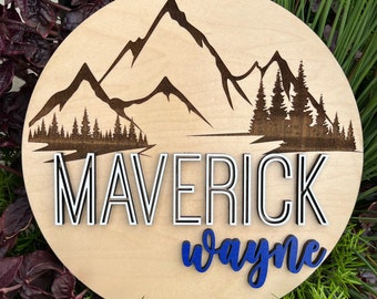 Round Name Sign/Mountains/Woodland/Outdoors/Nursery Decor/Custom Circle Cutout/Laser Cut/Nursery Decor/Kids Room Decor/Personalized/Mountain