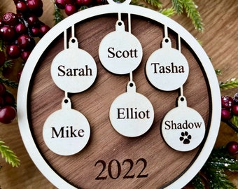 Custom Family Ornament / Family Name Ornament / Christmas Bulb / Personalized Tree Ornament / Wood Engraved / Parents Kids Pets / Gift Idea