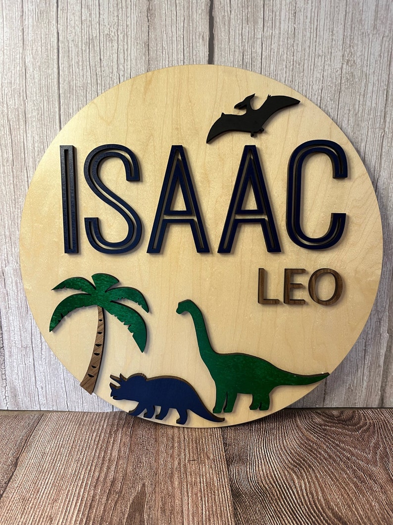 Round Name Sign/Dinosaurs/T Rex/Dinos/Custom Nursery Cutout Wood/Laser Cut Boy/Circle Nursery Decor/ Kids Room Decor/Personalized Name image 3