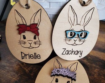 Custom Easter Tag/Easter Basket Tags/Easter Bunny Tag/Personalized Easter Name Tags/Wooden Easter Name Tag / Bunny with glasses bow band