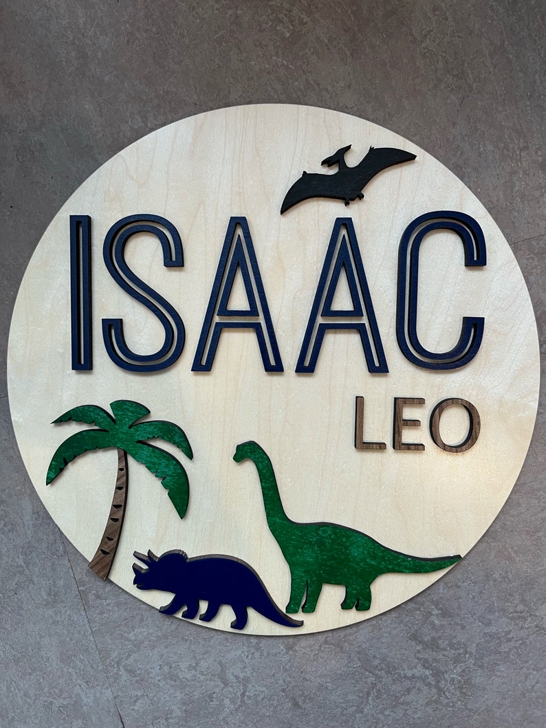 Round Name Sign/Dinosaurs/T Rex/Dinos/Custom Nursery Cutout Wood/Laser Cut Boy/Circle Nursery Decor/ Kids Room Decor/Personalized Name image 2