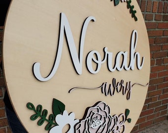 Round Name Sign/Floral 1/Flowers Top and Bottom/Nursery Decor/Custom Circle Cutout/Laser Cut/Nursery Decor/ Kids Room Decor/Personalized