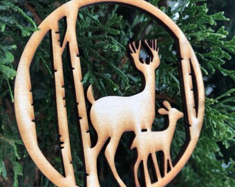 Christmas Ornament | Wood Cut Out Ball | Deer and Baby | Xmas Baubel | Laser Cut Ornament