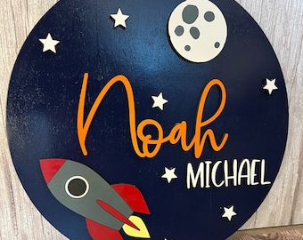 Round Name Sign/Space Rocket/Moon and Planet/Custom Nursery Cutout Wood/Laser Cut Boy/Circle Nursery Decor/ Kids Room Decor/Personalized