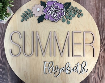 Round Name Sign/Flowers/Florals on Top/Custom Nursery Cutout Wood/Laser Cut Girl/Circle Nursery Decor/ Kids Room Decor/Personalized Name