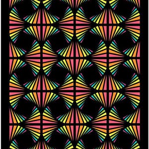 Puede incluir: Patrón geométrico repetitivo con elementos en forma de abanico en rosa, amarillo, verde y azul sobre un fondo negro. El diseño simétrico crea un efecto visual vibrante y llamativo.