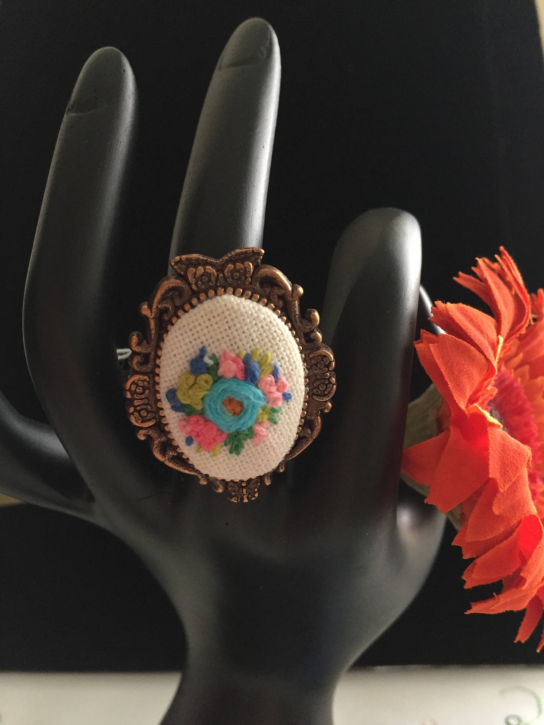 Embroiday Rings Handmade Floral Embroidery Ring: Blue Rose Linen Ring - Etsy