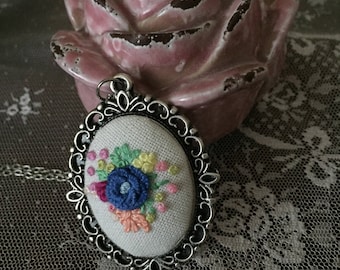 Blue rose embroidery pendant | wild flower necklace | embroidery accessories | emroider pendant | needle work gift.