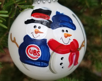 Chicago Cubs Family of 2 Personalized Snowman Christmas Ornament Handpainted Gift