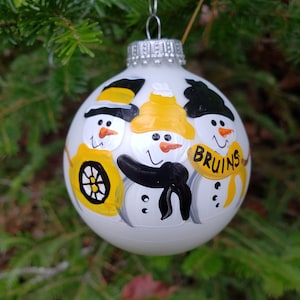Boston Bruins Family of 3 Personalized Snowman Christmas Ornament Handpainted Gift