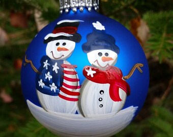 America Patriotic Couple Personalized Snowman Christmas Ornament Handpainted Gift