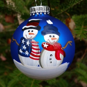 America Patriotic Couple Personalized Snowman Christmas Ornament Handpainted Gift