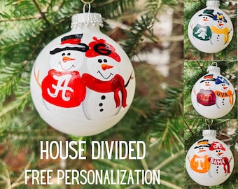HOUSE DIVIDED Sports Team Snowman Personalized Christmas Holiday Ornament (2 Teams ONLY)