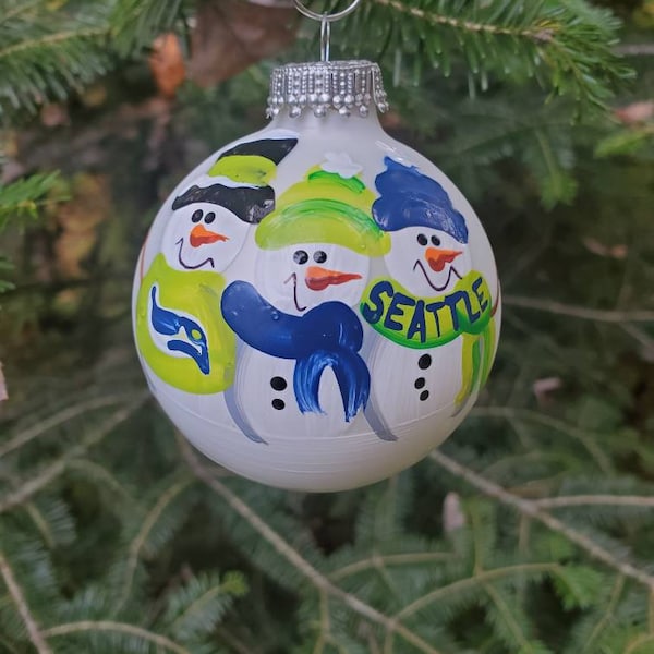 Seattle Seahawks Family of 3 Personalized Snowman Christmas Ornament Handpainted Gift