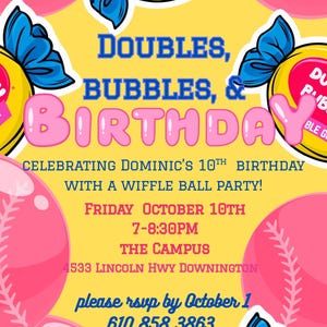 Invitación a fiesta de cumpleaños de béisbol de dobles y burbujas