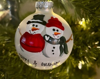 Snowman Grandparent Grammy and Grampa Personalized Christmas Ornament Handpainted Gift