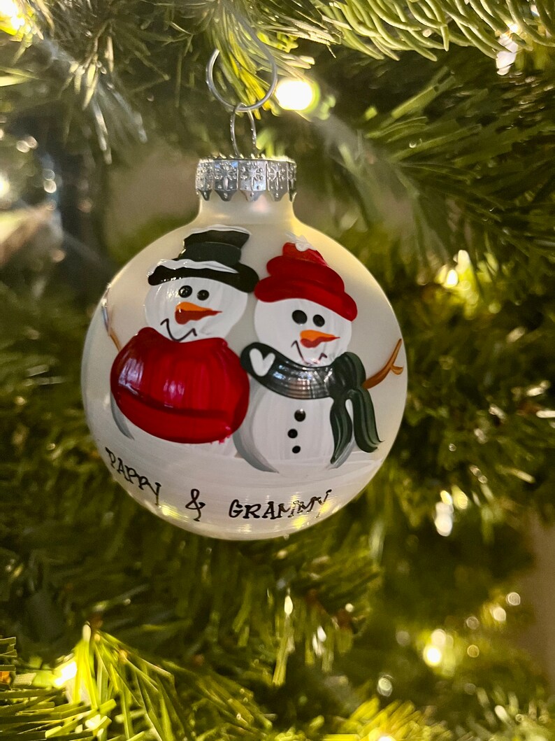 Snowman Grandparent Grammy and Grampa Personalized Christmas Ornament Handpainted Gift image 1
