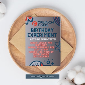 May include: A birthday party invitation with a science theme. The invitation is printed on a silver background with blue and red accents. The text reads "Crunch Labs Birthday Experiment Let's Be Scientists!"  What: Lucas 7th Birthday When: Saturday Feb 21st 2-4pm Where: 123 Main St RSVP: Cassie 207.123.4567 www.reallygreatsite.com