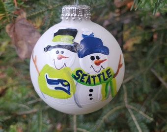 Seattle Seahawks Family of 2 Personalized Snowman Christmas Ornament Handpainted Gift