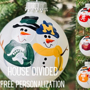 HOUSE DIVIDED Sports Team Snowman Personalized Christmas Holiday Ornament (2 Teams ONLY)