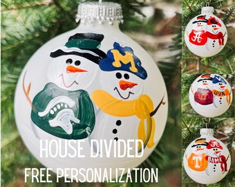 HOUSE DIVIDED Sports Team Snowman Personalized Christmas Holiday Ornament (2 Teams ONLY)