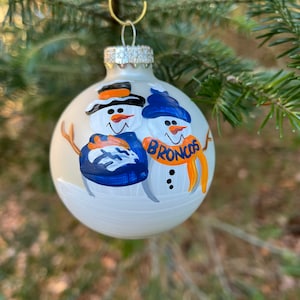 Denver Broncos Family of 2 Personalized Snowman Christmas Ornament Handpainted Gift