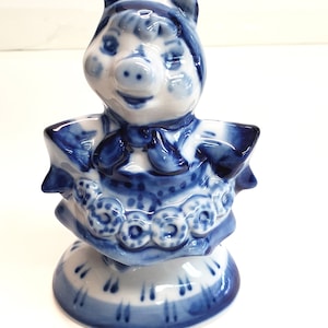 Vintage Author Gzhel Russian Porcelain Hand Painted Piggy Figurine