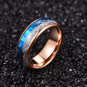 Tungsten Carbide 8mm Wide  Ring Rose Gold Plating Inlaid Blue Shell Meteorite