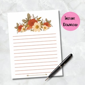 Fall Stationery, Autumn Floral Printable Stationery Paper, Downloadable Stationery Paper, Letter Writing Paper, Instant Download US Letter