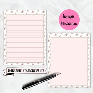 Papel de papelería imprimible con ramo floral, papel para escribir cartas, papel de notas digital, papel de diario de descarga instantánea, bloc de notas de flores PDF