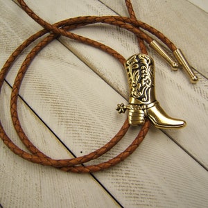 Unique Country Western Gold w Antique Finish Boot Bolo Tie Men Women Kids Bolo Tie Boho Chic Necklace Festival Necklace Cowboy Wear 80231-5