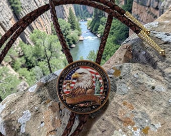 Patriotic Bolo Tie: USA Eagle on American Flag, 250th Anniversary Jewelry, 4th of July Leather String Tie Western Necktie  80637