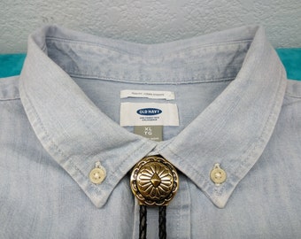 Polished Brass Concho Bolo Tie: Western Wear, Wedding Necktie, Gift for Him, Gift for Her, USA Made, Cowboy Bolo Tie 80195-1