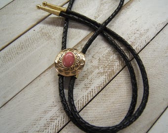 Hand Polished Brass Bolo Tie w Antiqued Finish Rhodonite Cabochon Western Neckwear Tribal Indian Jewelry Men Women Bolo Ties 80635