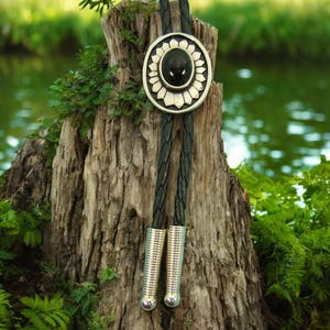 Pewter w Black Stone Bolo Tie Bola Wedding Necktie Boho Necklace USA Made Western Clothing Kids Teen Bolotie Unisex Jewelry 1084B-20